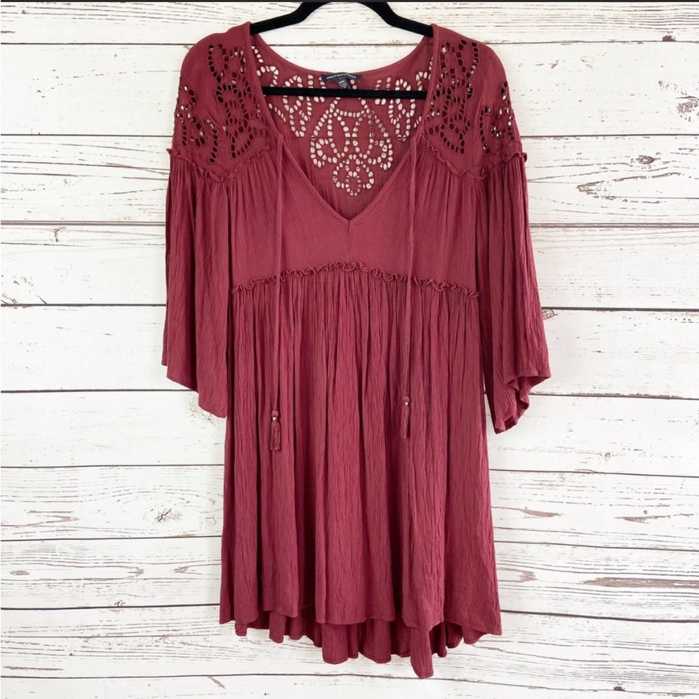 American Eagle Medium Maroon Embroider Lace Peasant Prairie Sheath Mini Dress